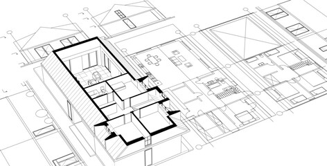  modern house plan sketch 3d illustration