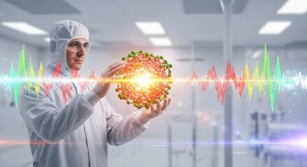 Scientist analyzing virus structure with sound waves in laboratory. Visual representation of biotechnology, virology, and sound frequency concepts.