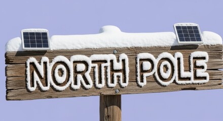 Wooden sign indicating North Pole with solar panels, surrounded by snow. Concept of electricity maintenance during winter, applicable for festive holiday themes or winter tourism promotions.