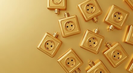 Golden electrical outlets arranged on a shimmering surface, representing the theme of electricity maintenance during Christmas celebrations.