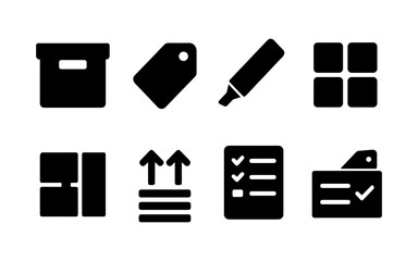 Collection of logistics and shipping icons representing boxes, tags, and checklists
