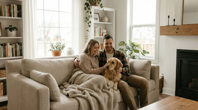 Couple pet love cozy living room snuggling golden retriever on sofa with blanket in bright natural light