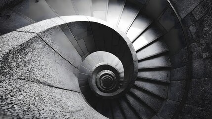 Obraz premium Monochromatic Spiral Staircase Descending into Darkness.