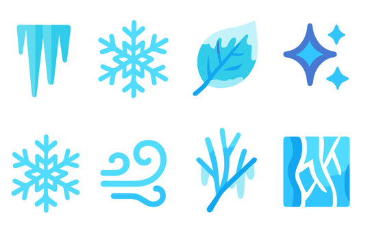 Frosted Winter Icons. Frosted Sparkle modern flat vector icons: icicle cluster, snow crystal, frozen leaf, sparkle, snowflake, cold mist, branch, ice pattern