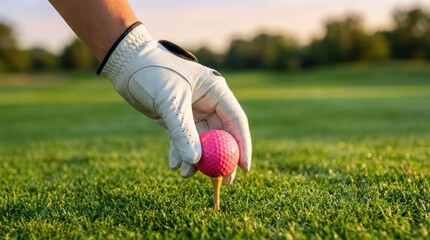 Golf woman placing pink golf ball on tee at sunset on green fairway minimal emotion calm