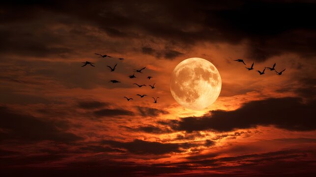 Mysterious Full Moon Illuminates Dramatic Sunset Sky with Silhouetted Birds.