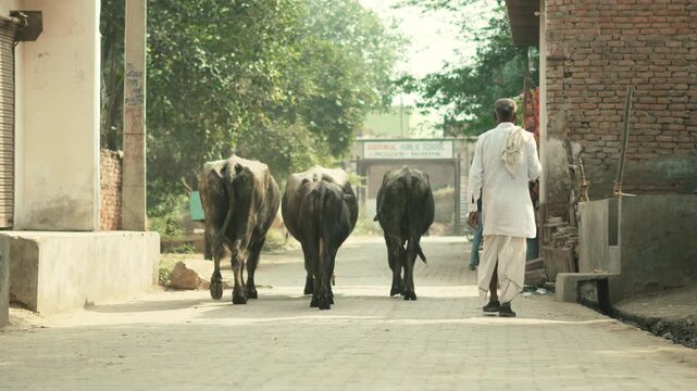Farmer Walking with Buffalos on Village Road