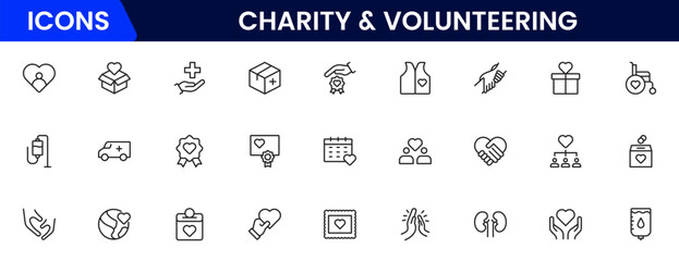 Volunteering and charity web icons in line style. Donate, donor, doctor, care, help, support, collection Vector illustration.