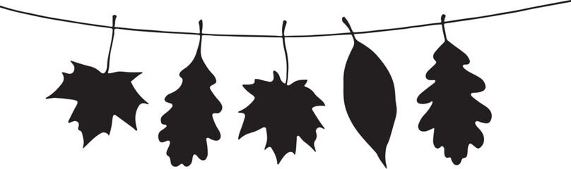 silhouette of Autumn leaves hanging on a string on a white background