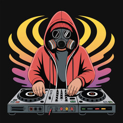 DJ wearing gas mask performing with mixer in hoodie. © agra