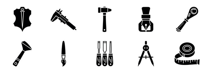 Fototapeta premium Set of black glyph icons representing various crafting and workshop tools for leatherworking, carpentry, and design, including a hammer, caliper, chisel, and compass