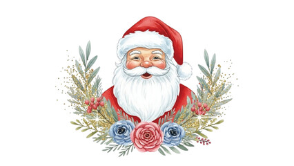 Watercolor Santa Claus with Winter Florals, Green Leaves and Gold Glitter, Highly Detailed Hand Painted Christmas Illustration