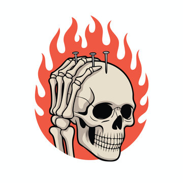 Flaming Skull Illustration with Bold Bones.