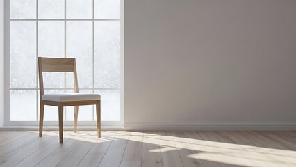 Single Wooden Chair Next to Large Window with Natural Light Casting Shadows in Minimalist Room