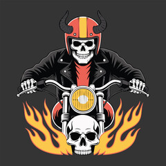 Skull Helmet Rider on Flaming Motorcycle.