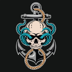 Skull And Anchor Tattoo Illustration Entwined With Rope.