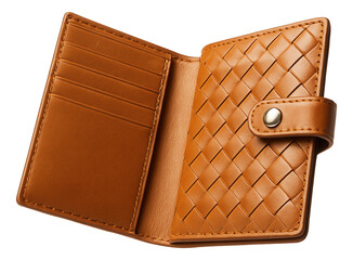 Tan leather wallet featuring a woven design and snap button closure.