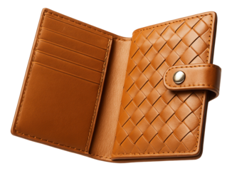 Tan leather wallet featuring a woven design and snap button closure.