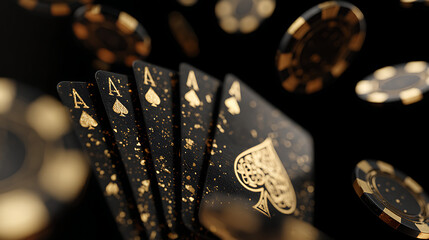 Black and gold aces and poker chips cinematic render cards spades