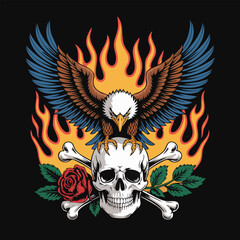 Tattoo Style Skull with Flaming Wings Eagle and Rose.