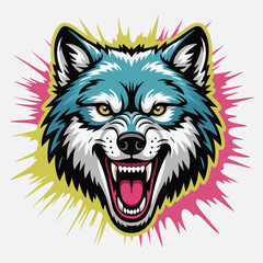Vibrant snarling wolf head illustration in colors.