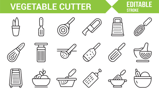 Outline style vegetable slicer and cooking utensil icons