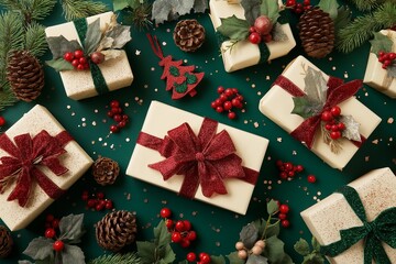 Christmas cheer theme top view of cream colored gift boxes, festive arrangement