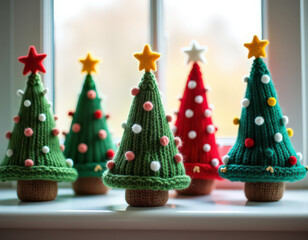 Knitted mini Christmas tree decoration with star on top. Festive handmade craft for Holiday season. Winter home decor concept.