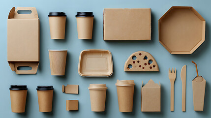 Cardboard containers and cups arranged on a blue background packaging takeaway
