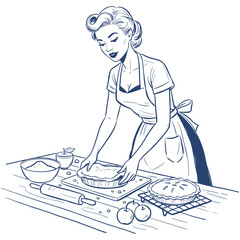 Retro housewife baking pie.Vintage pinup baking woman.Line art of pie maker.Woman preparing apple dessert.Classic baking illustration