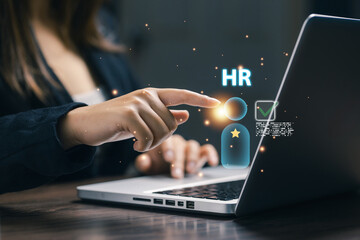 A professional selects an HR candidate icon on a digital interface, representing recruitment approval, talent evaluation, employee selection, and human resource management systems.