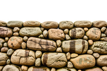 Stacked stone wall texture made of rounded fieldstones isolated with transparent background