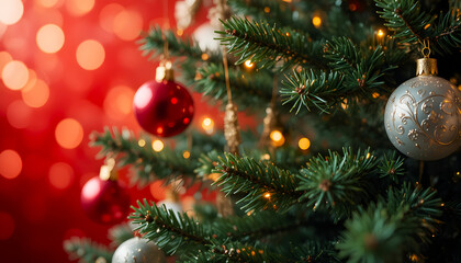 Christmas toys hanging on a fir tree branch