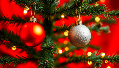 Christmas toys hanging on a fir tree branch