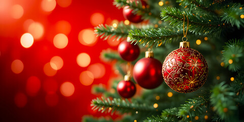 Christmas toys hanging on a fir tree branch