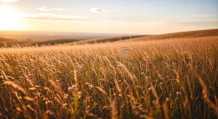 Naklejka premium Golden Wheat Field at Sunset with Warm Light and Horizon.