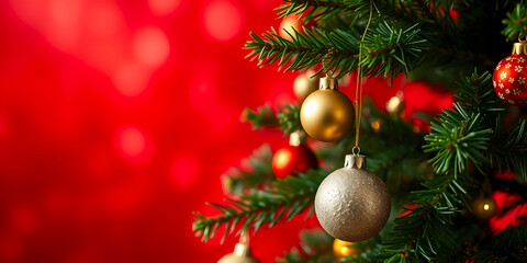 Christmas toys hanging on a fir tree branch