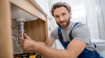 Plumber working on bathroom sink drain