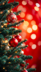 Christmas toys hanging on a fir tree branch