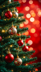 Christmas toys hanging on a fir tree branch