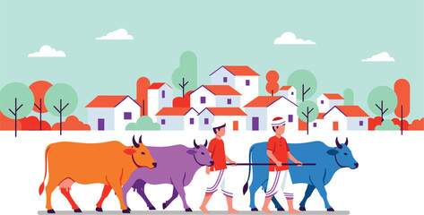 Rural farmers leading cattle through village road traditional agriculture pastoral life colorful flat vector illustration countryside livestock farming community landscape heritage daily work scene