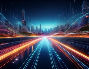 ai controlled digital landscape with glowing light trails flowing through futuristic cityscape showcasing advanced machine learning and data processing