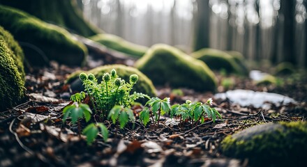 Obraz premium Lush Green Foliage and MossCovered Rocks in a Serene Forest Setting.