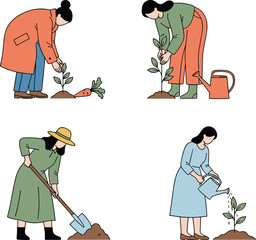 Women gardening illustration set planting watering digging soil eco lifestyle flat design people nature sustainability concept vector artwork organic garden teamwork environment growth spring