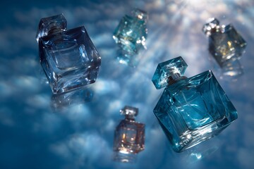 Close-up of multiple levitating cut crystal perfume bottles in various colors, reflecting light beautifully against a soft blue background with copy space for design