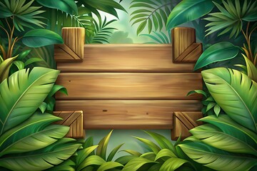 Vibrant jungle scene with wooden signboard surrounded by lush greenery