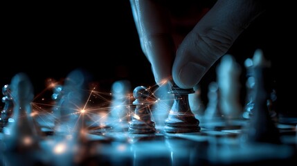 Strategic Chess Game Move with Dramatic Lighting and Focus on Knight Piece.