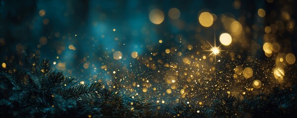 Close-up of dark blue pine branches with golden bokeh lights and glittering particles, concept for holiday, celebration, and luxury