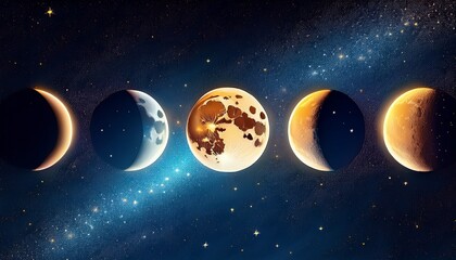 high resolution artistic visualization of moon phases against starry night sky five glowing distinct lunar phases transitioning from crescent to full moon astrology and horoscope content zodiac