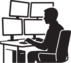Silhouetted professional focused on multiple computer monitors in a workstation setup